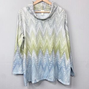 Chico's Luxe Cowl Neck Top Sz‎ XL 3 Chevron Zig Zag Long Sleeve Knit Artsy Y2K